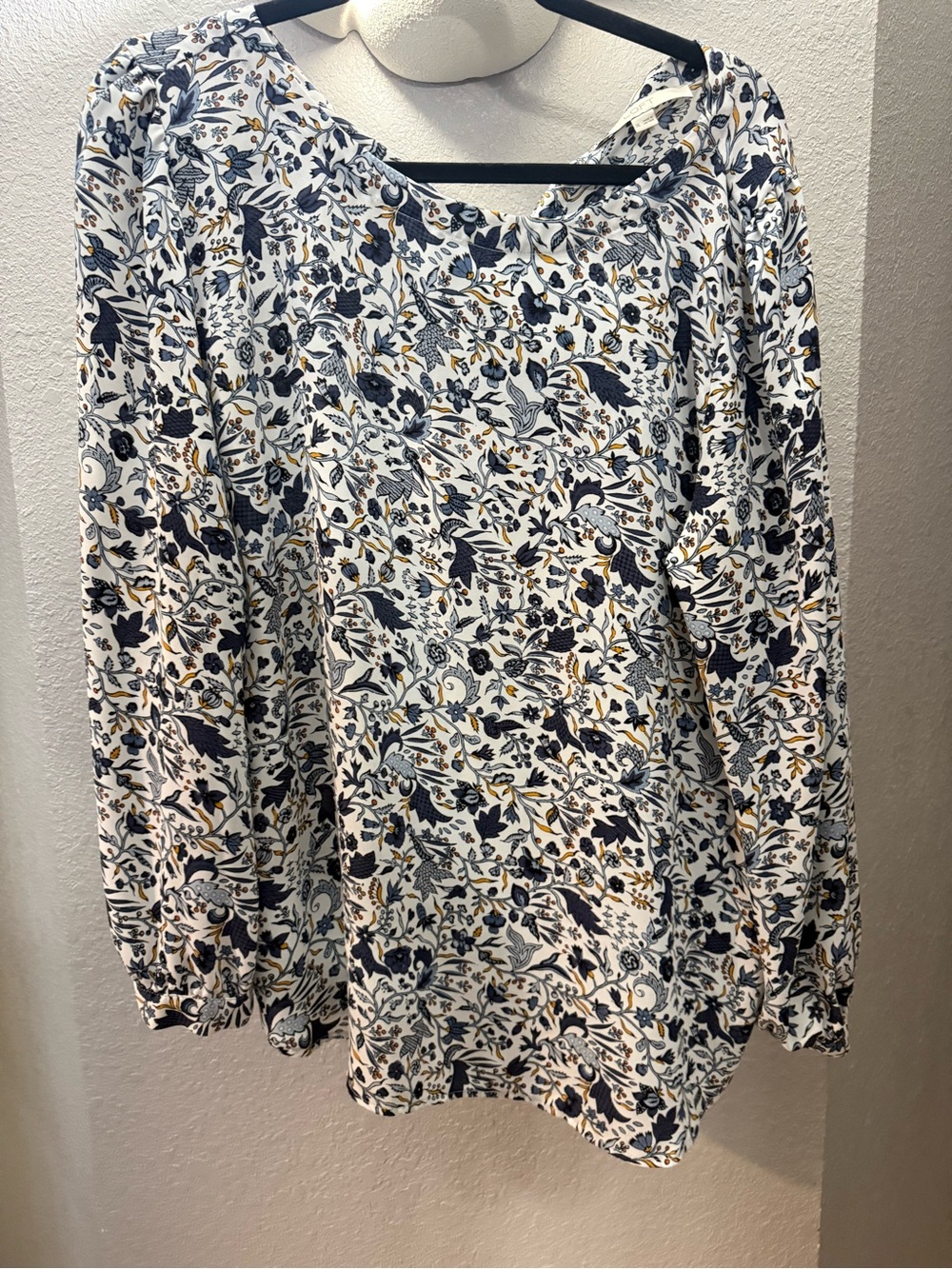 LOFT White Long Sleeve Blouse with Navy & Mustard Floral Print